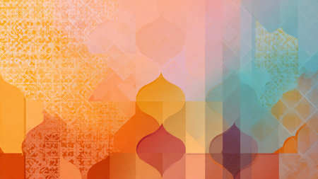 abstract background with mosque and geometric pattern in orange, blue and yellow colors