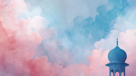 Mosque in the clouds. Watercolor painting. Vector illustration.の写真素材