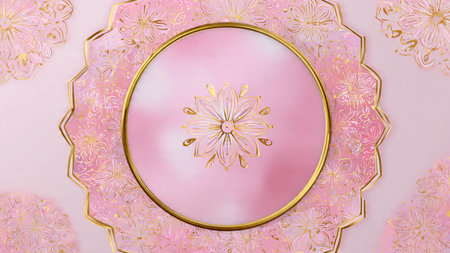 3d illustration of a round frame on a pink background with a floral patternの写真素材