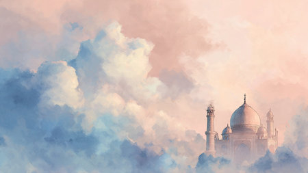 Digital painting of Taj Mahal in clouds at sunrise, Agra, Indiaの写真素材