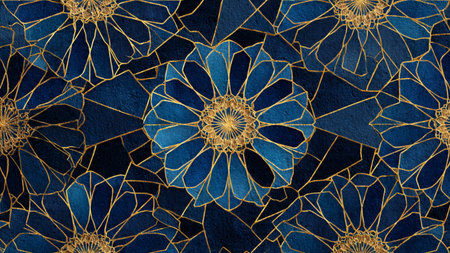 Arabesque seamless pattern. Blue and gold ornament. Geometric kaleidoscope background.