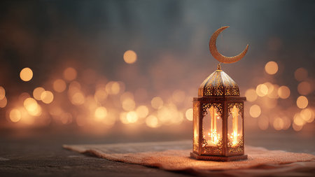 Lantern with crescent moon on the table. Ramadan Kareem background