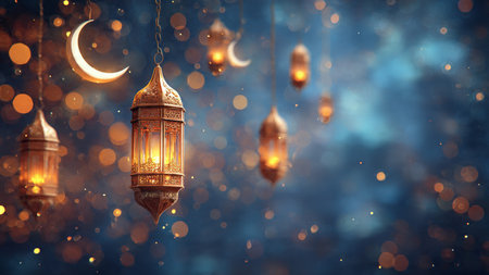 Ramadan Kareem background with hanging lanterns and crescent moon