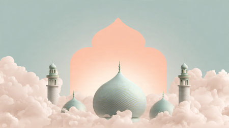 Ramadan Kareem background with mosque and clouds. 3d rendering