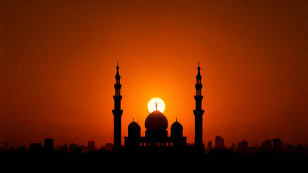 Silhouette of mosque at sunset background. Ramadan Kareem.の写真素材