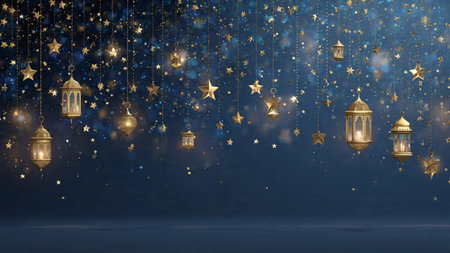Elegant Ramadan Kareem background with golden lanterns and starsの写真素材