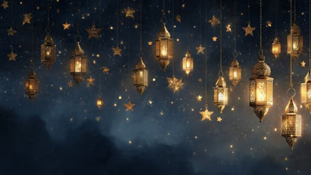 Background with golden lanterns and stars on dark blue sky