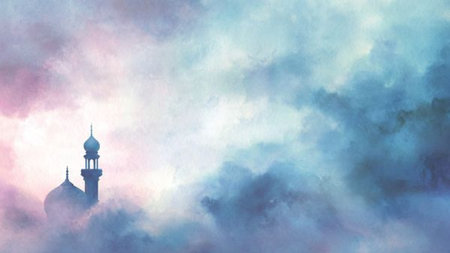 Mosque in the clouds. Watercolor painting. Illustration.の写真素材