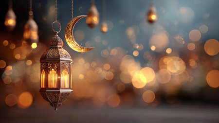 Ramadan Kareem greeting card with Arabic lantern and golden bokeh