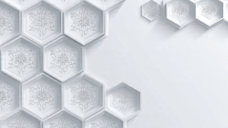 White hexagon background with snowflakes. 3d rendering.