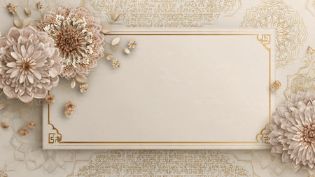 Wedding invitation card with gold frame and flowers. 3D renderingの写真素材