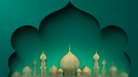 Ramadan Kareem greeting card with golden mosque on green background.の写真素材