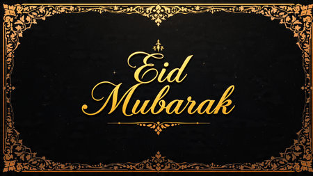 Eid Mubarak greeting card with golden frame on black background. Vector illustration.の写真素材