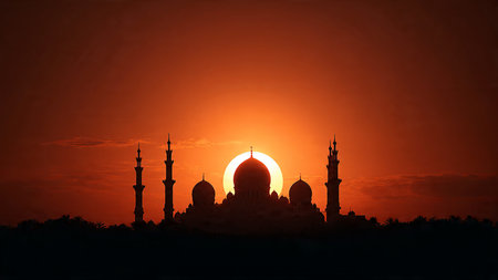 Silhouette of mosque at sunset. Ramadan Kareem background.