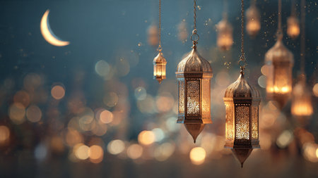 Lanterns with crescent moon and stars. Ramadan Kareem background