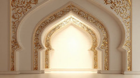 3d rendering of a white room with a golden arabic patternの写真素材