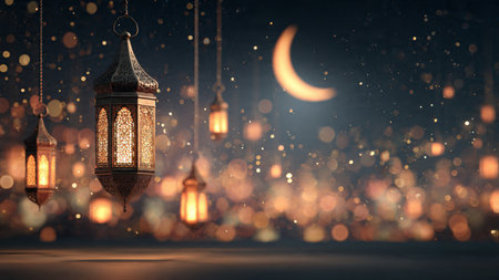 Ramadan Kareem greeting card with lanterns and crescent moon