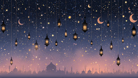 Ramadan Kareem background with arabic lanterns and mosqueの写真素材