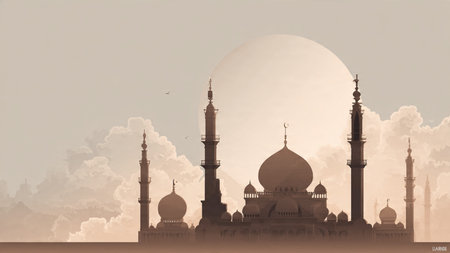 Silhouette of mosque with the moon in the backgroundの写真素材