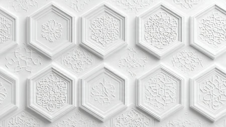 3d rendering, white geometric seamless pattern with embossed elements.