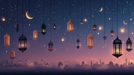 Ramadan Kareem background with lanterns and crescent moon.