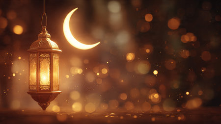 Lantern with crescent moon at night. Ramadan Kareem background