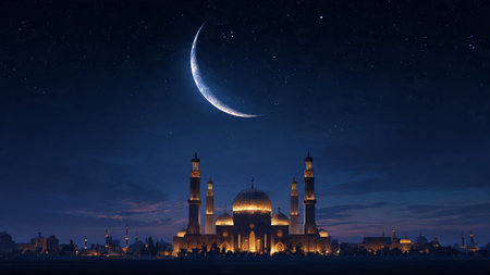Night view of the mosque and moon. Ramadan Kareem background.