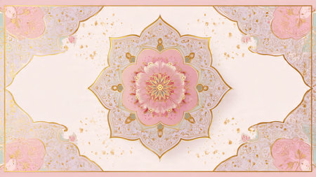 Kaleidoscope of pink and gold on beige background with ornament