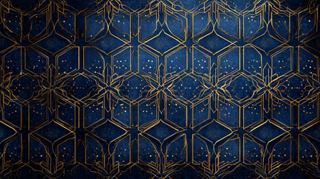 Geometric gold pattern on dark blue background. 3D illustration.