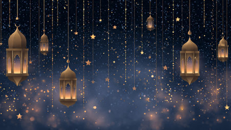Ramadan Kareem greeting card with golden lanterns and stars.