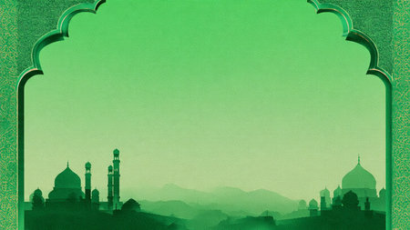 Green background with mosque and arch. Copy space for your text.
