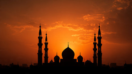 Silhouette of mosque at sunset, Ramadan Kareem background.の写真素材