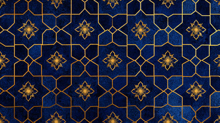 Arabic gold pattern on blue background. Seamless pattern.の写真素材