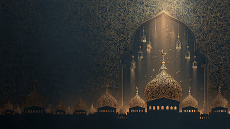 3D illustration of Ramadan Kareem background with mosque and golden lights