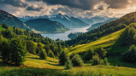 Majestic glacier valley under bright daylight.の写真素材