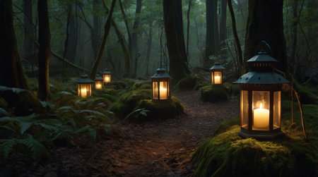 Lanterns lit in a serene forest path at twilight.の写真素材