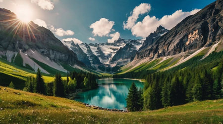 Sparkling river flowing through a spring forest.の写真素材