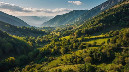 Sunset casting long shadows across rolling hills.の写真素材