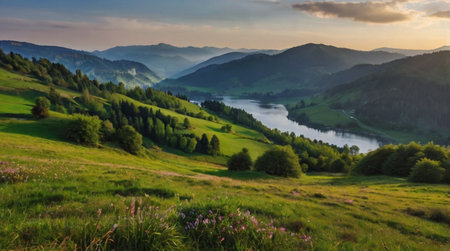 Snow-covered mountain lake reflecting pink twilight.の写真素材