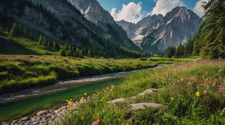 Morning sun rays breaking through forest trees.の写真素材