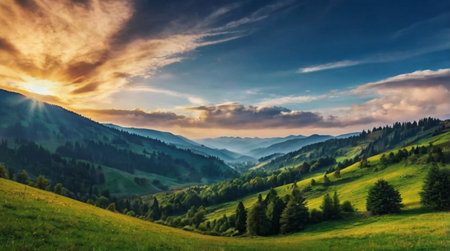 Misty mountain valley at early dawn.の写真素材