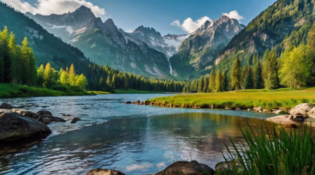 Calm lagoon surrounded by lush greenery.の写真素材