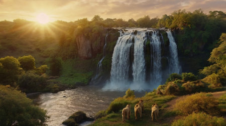 Secluded waterfall surrounded by thick jungle foliage.の写真素材