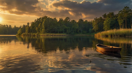 A serene lake with a small boat floating on calm water at sunset.の写真素材