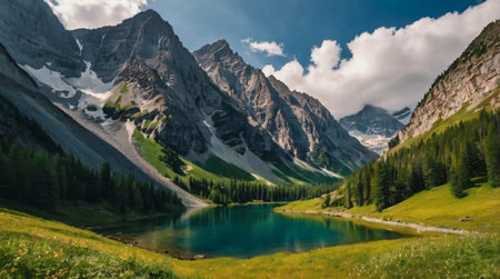 Clear spring surrounded by lush greenery.の写真素材