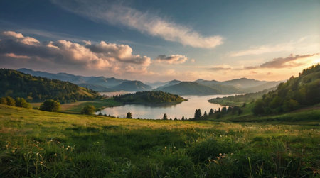 Calm forest lake beneath a colorful twilight sky.の写真素材