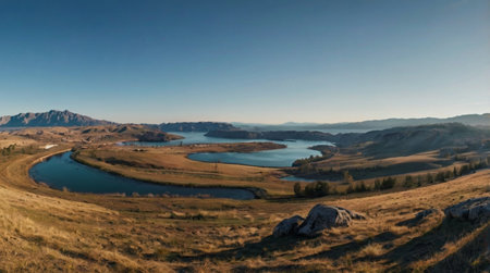 Scenic valley surrounded by rolling hills.の写真素材