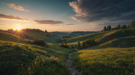 Tropical beach illuminated by soft sunset glow.の写真素材