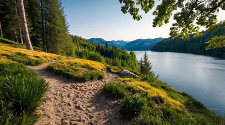 Serene countryside meadow with wildflowers in full bloom.の写真素材