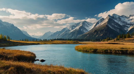 Calm river flowing through a dense autumn forest.の写真素材